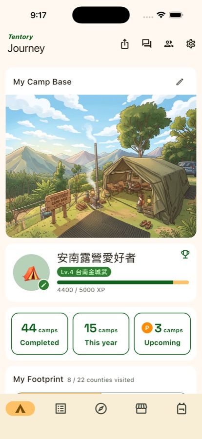 Tentory journey home: camp illustration, camper level and stats