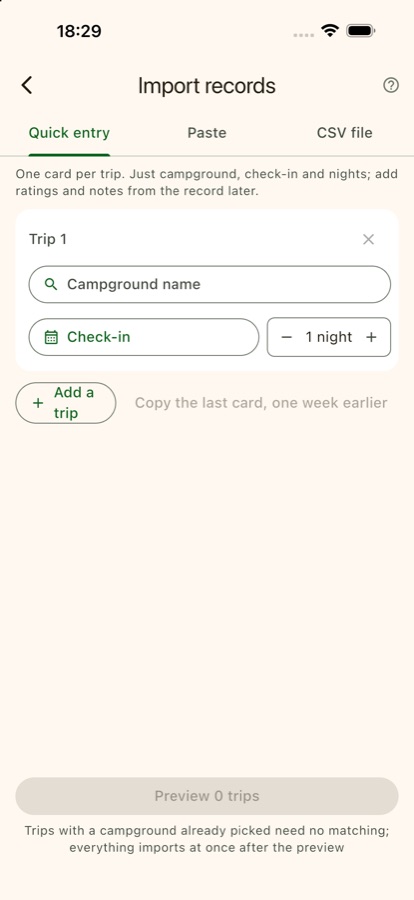 Import page: quick entry, one card per trip
