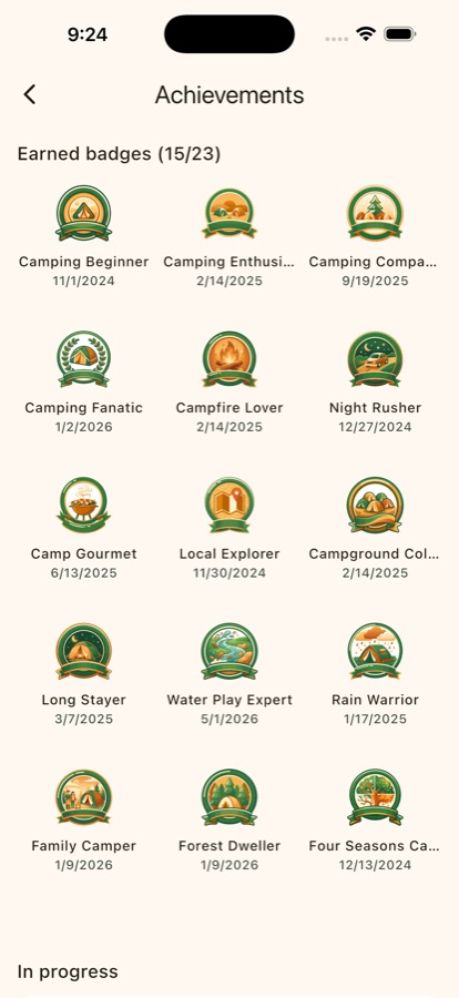 Badge wall showing earned badges
